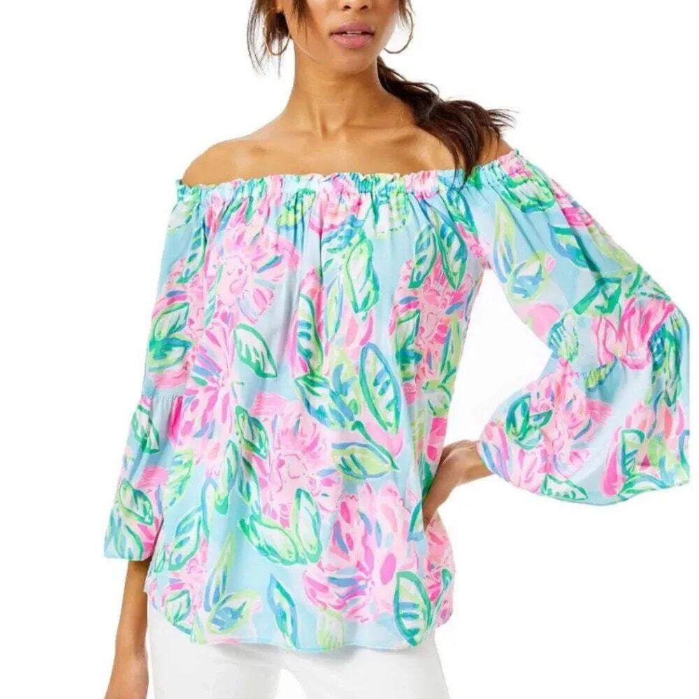 Lilly Pulitzer Nevie Off-Shoulder Blouse Resort White Toucan Do It Better Small